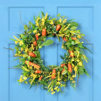 Carrot Berry Foliage Easter Floral Spring Wreath, Orange Yellow 22"