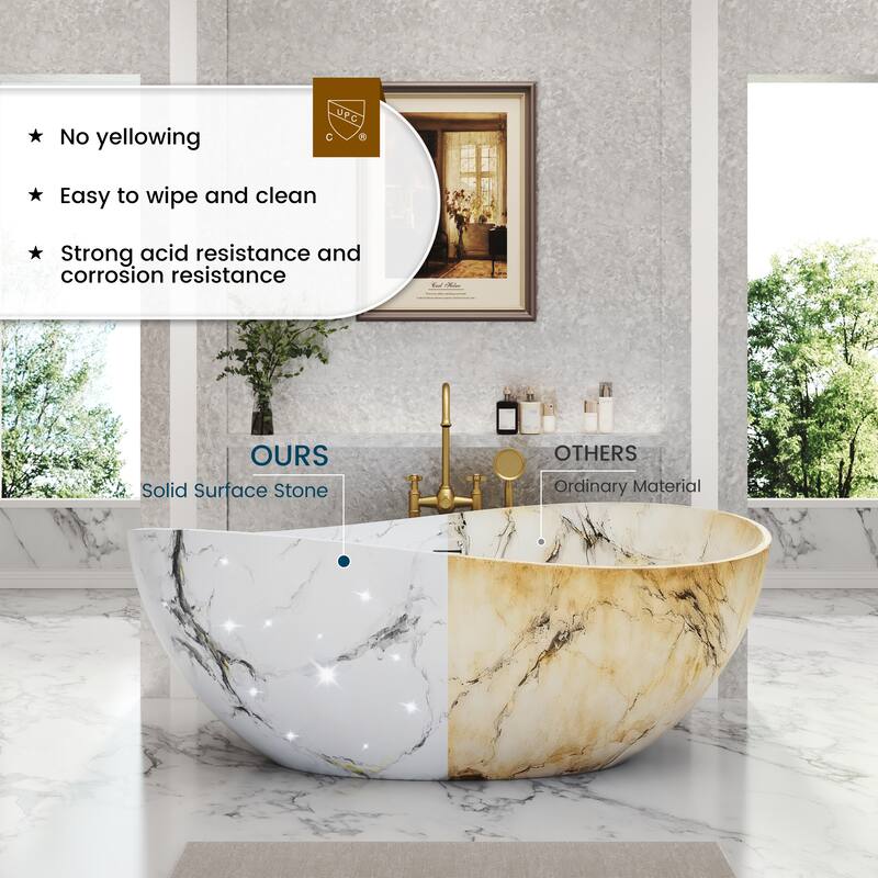 63 in. x 37 in. Solid Surface Freestanding Soaking Bathtub in Matte White with Italian Snowflake Marble Pattern, Center Drain