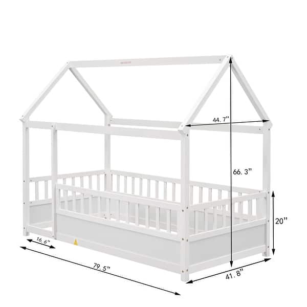dimension image slide 2 of 4, Pine Wood Floor Bed with House Roof Frame, Fence Guardrails for Kids, Boys and Girls