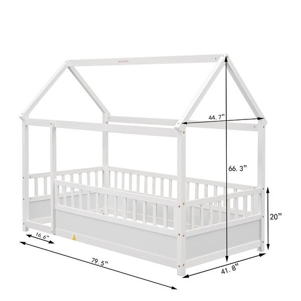 dimension image slide 1 of 4, Twin/Full Size Floor Bed Wooden House-shaped Bed Frame with Fence&Roof