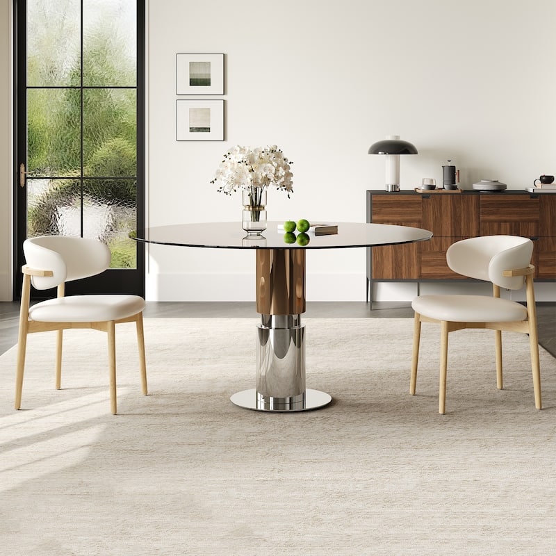 3 Piece Round Dining Table Set Tempered Glass Top Stainless Steel Base 4 Chairs - Brown