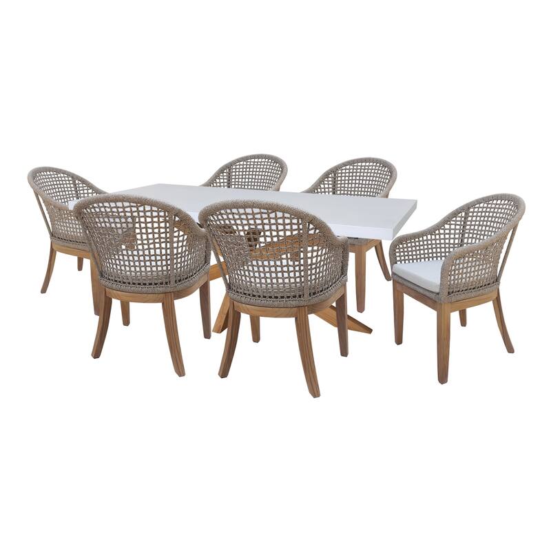 Outdoor 7 Piece Teak Patio Furniture Set with a Table and 6 Chairs - Natural/White