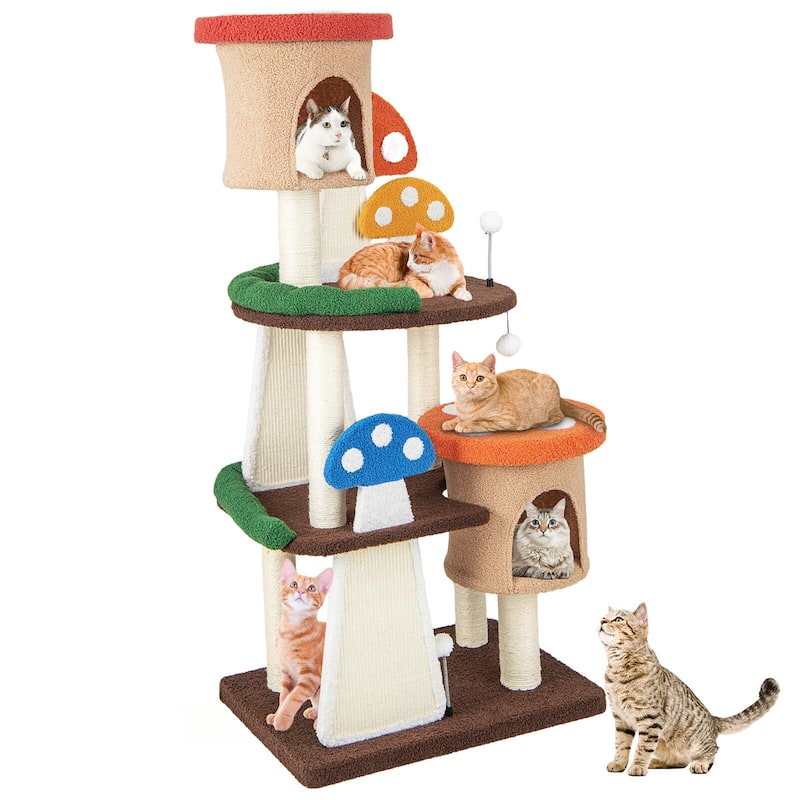 Gymax Wooden Cat Tree w/ Sisal Scratch Board & Post Padded Perch