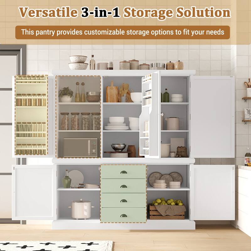 Roomfitters Kitchen Pantry Organizers and Storage Kitchen Cabinet, Hutch with Microwave Stand, 4 Drawers, Spice Racks