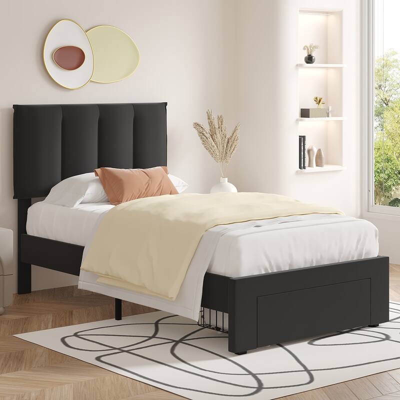 Black Bed Frame with 4 Storage Drawers, Upholstered Platform Bed Frame with Adjustable Headboard