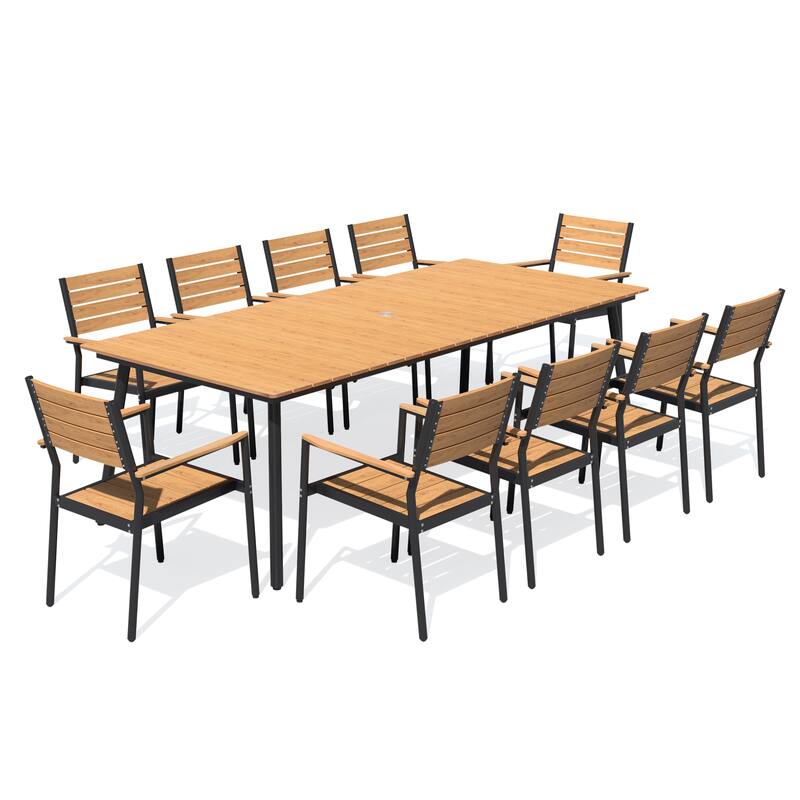 7/9/11-Piece Outdoor Dining Set Aluminum Dining Table with Umbrella Hole and Stackable Chairs - Brown - Set of 11