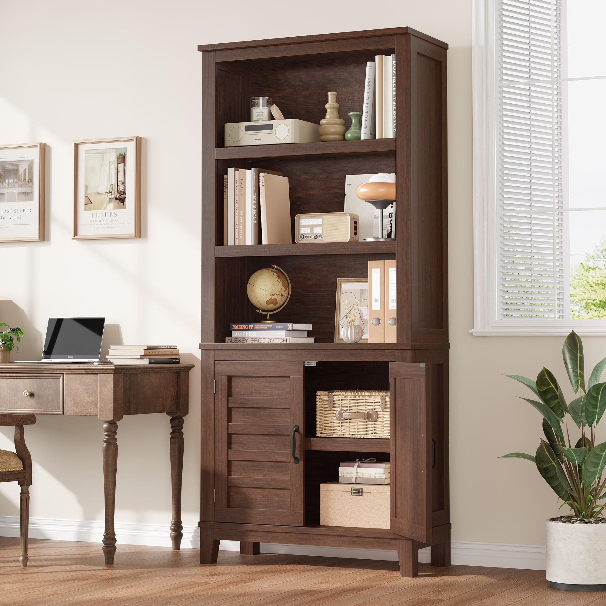 71" Tall 5-Tier Bookcase with Doors & Adjustable Shelf – Narrow Display Storage Cabinet for Small Spaces and Apartments