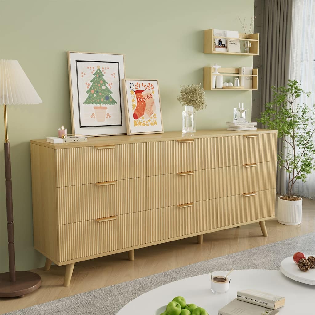 Gymojoy 9 Drawer Dresser, 63" Wide Fluted Wood Chest of Drawers with Gold Handles, Modern Storage Organizer for Closet