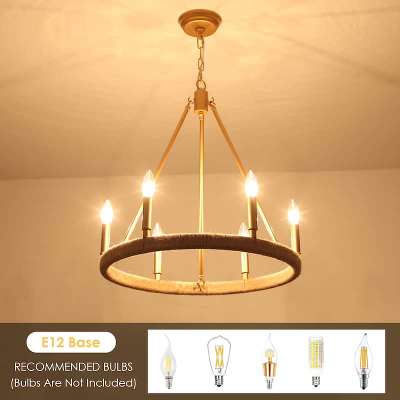 6-Light Rustic Hemp Rope Wagon Wheel Chandelier for Bedroom Foyer Entryway