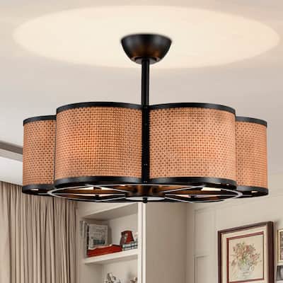 Bremen Basket Weave and Metal Frame Lighted Ceiling Fan Fandelier - Brown
