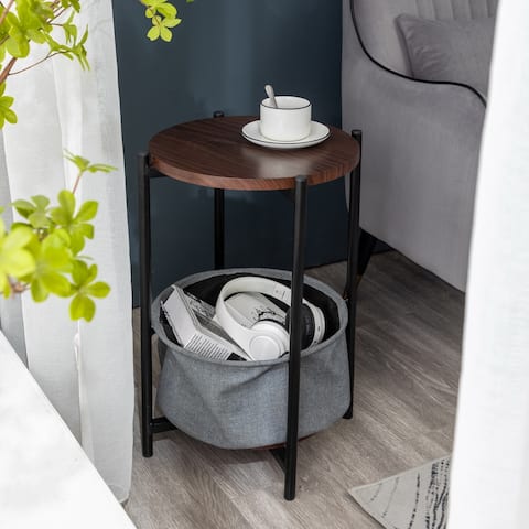 MDF, Double-layer Round Tea Table with Storage, Gray