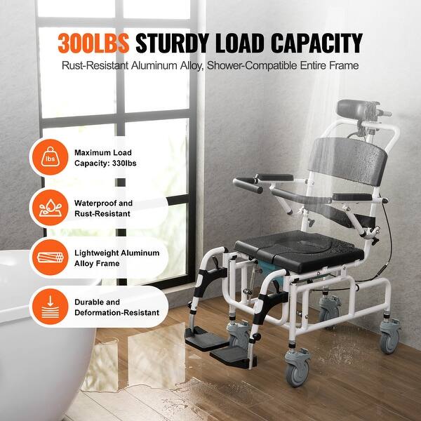 Shower Wheelchair, 17.5in Width Aluminum Alloy Bathroom Wheelchair for Inside Shower,300 lbs Capacity Shower Transport Chair