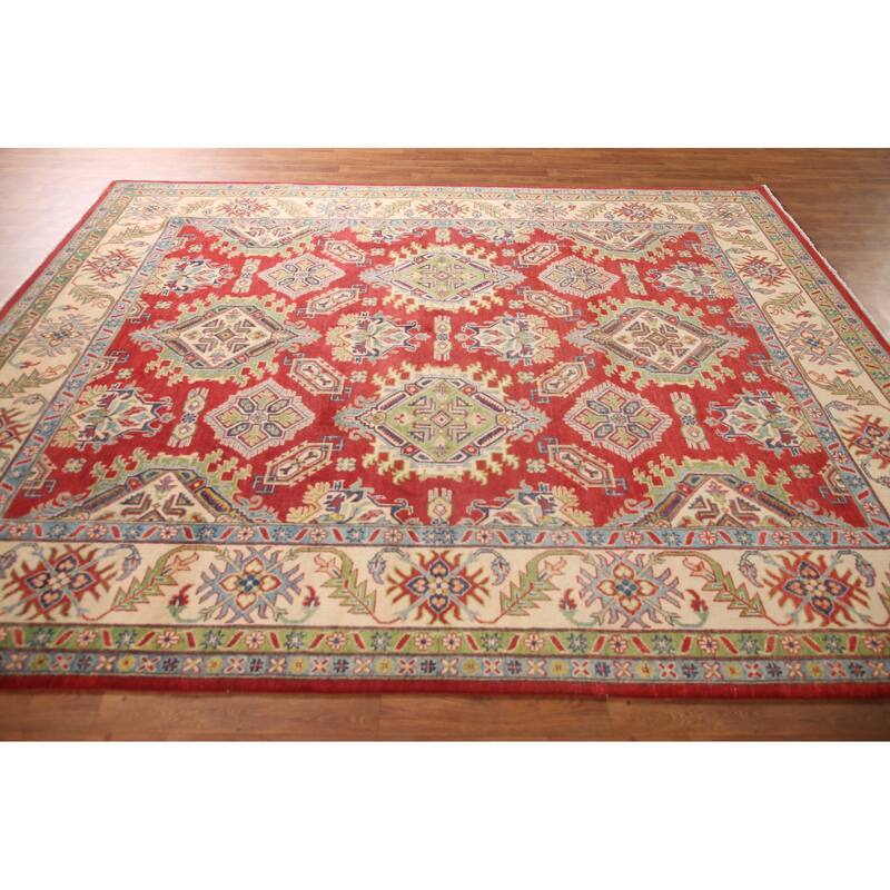 Red Geometric Kazak Area Rug Handmade Wool Carpet - 7'11" x 9'11"
