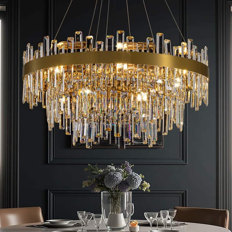32 in. 4-Tier Modern Crystal Chandelier Brass Gold Round Crystal Raindrop Chandelier Contemporary Pendant Light for Dining Room