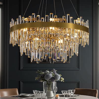 32 in. 4-Tier Modern Crystal Chandelier Brass Gold Round Crystal Raindrop Chandelier Contemporary Pendant Light for Dining Room