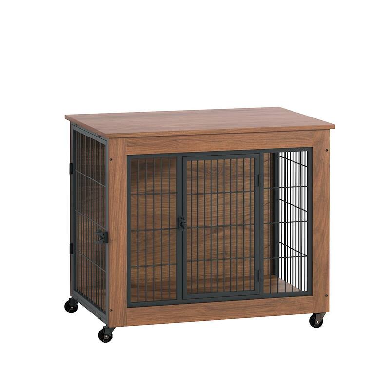 32.5" Dog Crate Furniture with Wheels for Small Dogs, Heavy Duty Dog Kennel Indoor with 2 Doors, Dog Cage for Anxiety Dog