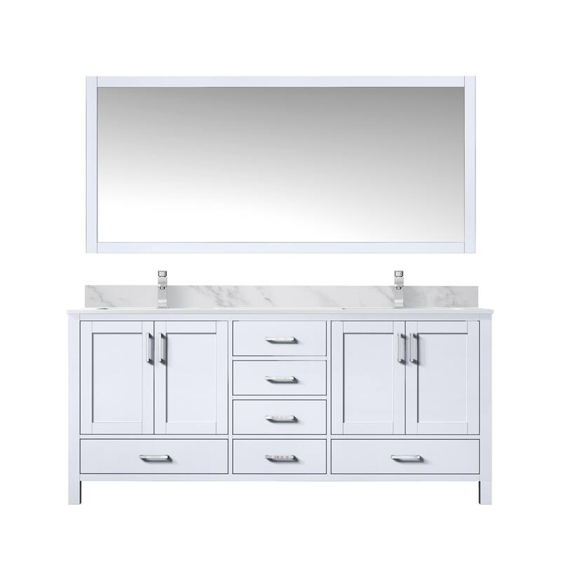 Jacques 72 in. W x 22 in. D Distressed Grey Double Bath Vanity, Carrara Marble Top, Faucet Set, and 70 in. Mirror