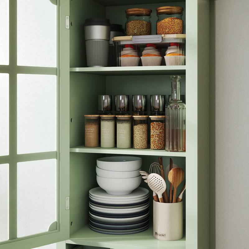 Modern Buffet Cabinet with Glass Doors and Double Drawer, Wooden Sideboard Storage Cupboard for Dining Room Entryway Hallway.