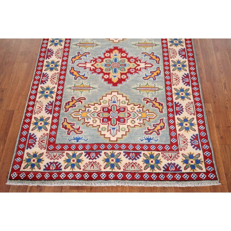 Geometric Kazak Foyer Rug Hand-Knotted Blue Wool Carpet - 3'4" x 4'9"