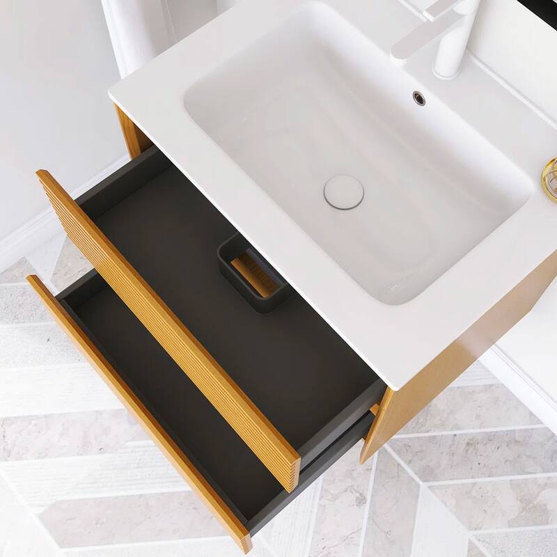 Wall-Mounted Bathroom Vanity with White Ceramic Sink