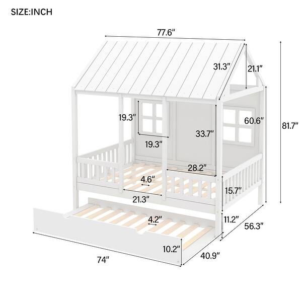 dimension image slide 0 of 2, Full Size Wood House Bed With Twin Size Trundle