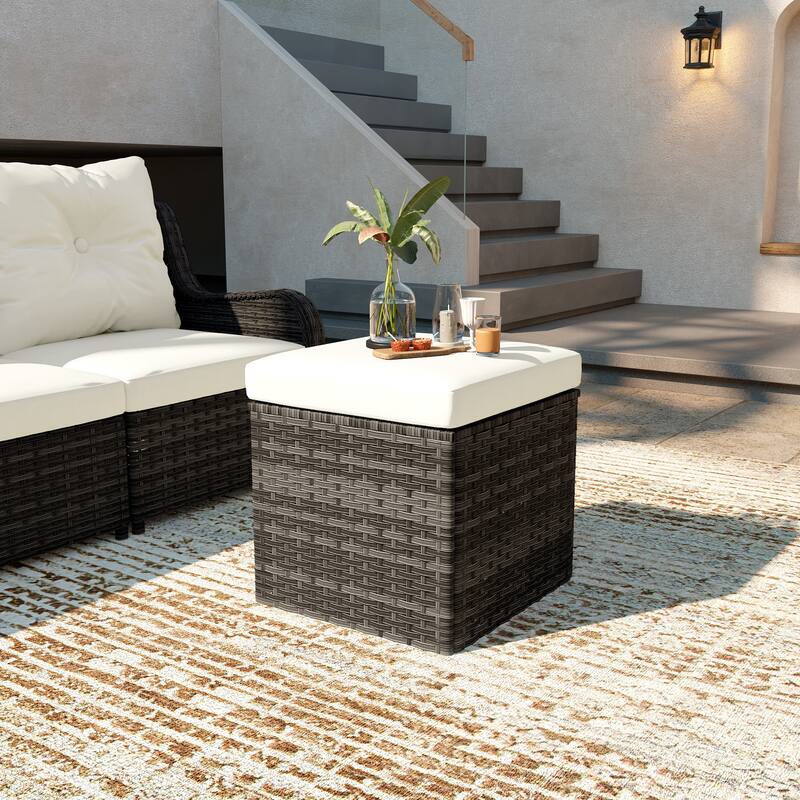 Outdoor Wicker Square Storage Ottoman with Plush Cushion