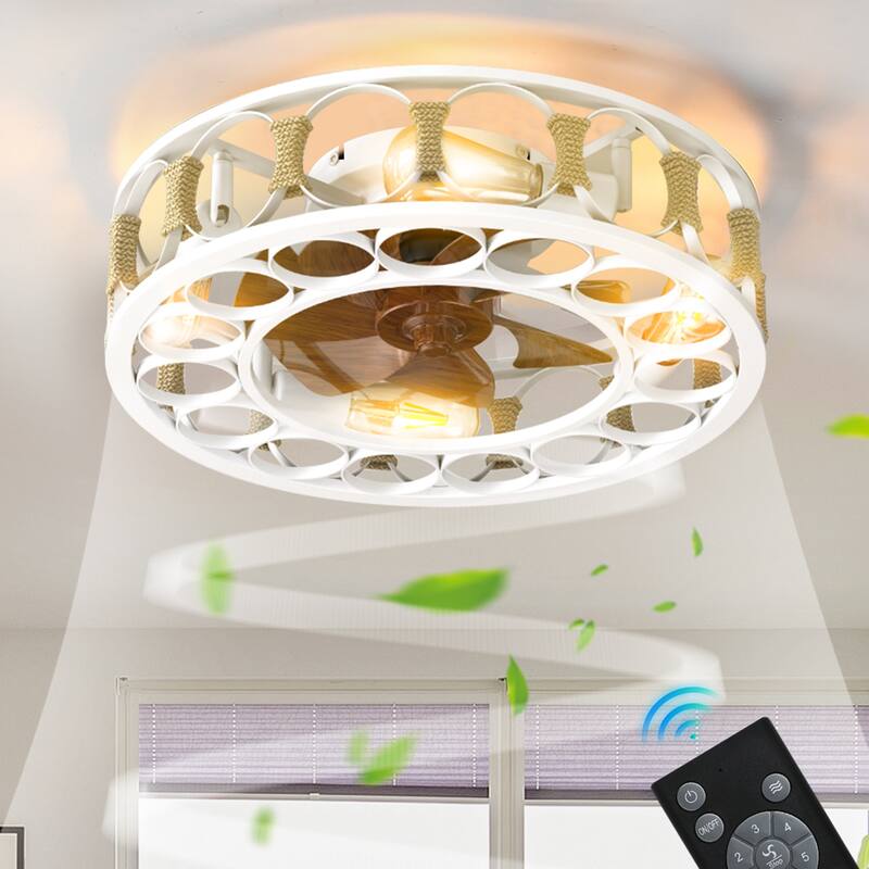 Oaks Aura 20in. Modern Industrial Low Profile Ceiling Fan with Light, Farmhouse Flush Mount Remote Control Ceiling Fan - White