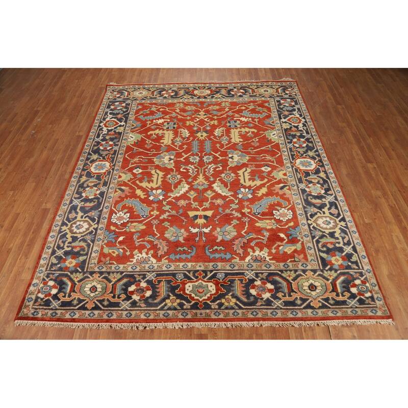 Hand Knotted Oriental 100% Wool Carpet Traditional All-Over Oranges & Rust Heriz (serapi) Area Rug - 9' 9'' X 8' 0''