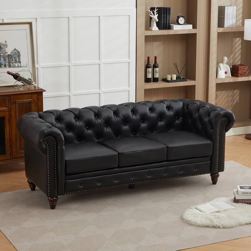 Vintage PU Button-Tufted Sofa Couch, Flared Arms, Rubberwood Legs & Nailhead Trim