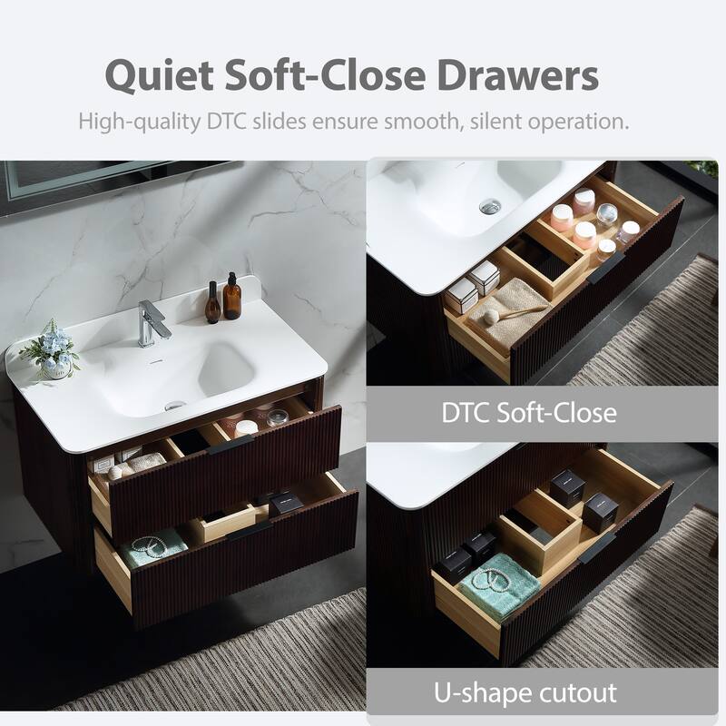 Modland Fluted Floating Vanity with Sink, Plywood Wall Mount Cabinet, Curved Edge, 24/30/36 Inch