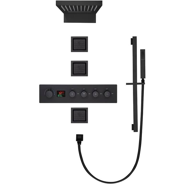 22" Rainfall Waterfall Digital Thermostatic Shower Faucet System w/ Jets, Sprayer, Slide Bar -MB - Matte Black