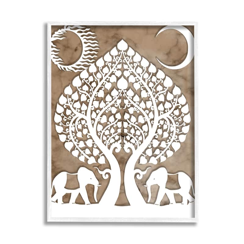 Stupell Boho Elephants Tree of Life Abstract Sun Moon Framed Wall Art - White - 11 x 14 - White