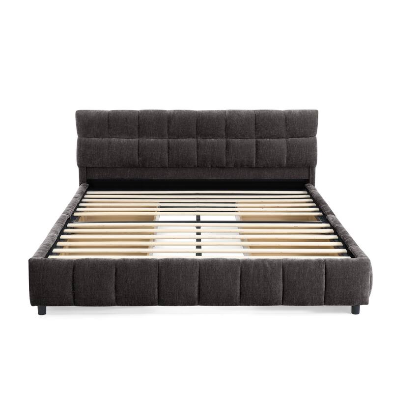 Queen Size Upholstered Bed with Tufted Headboard, Chenille Fabric Platform Bed with 4 Storage Drawers, Solid Wood Bed Frame