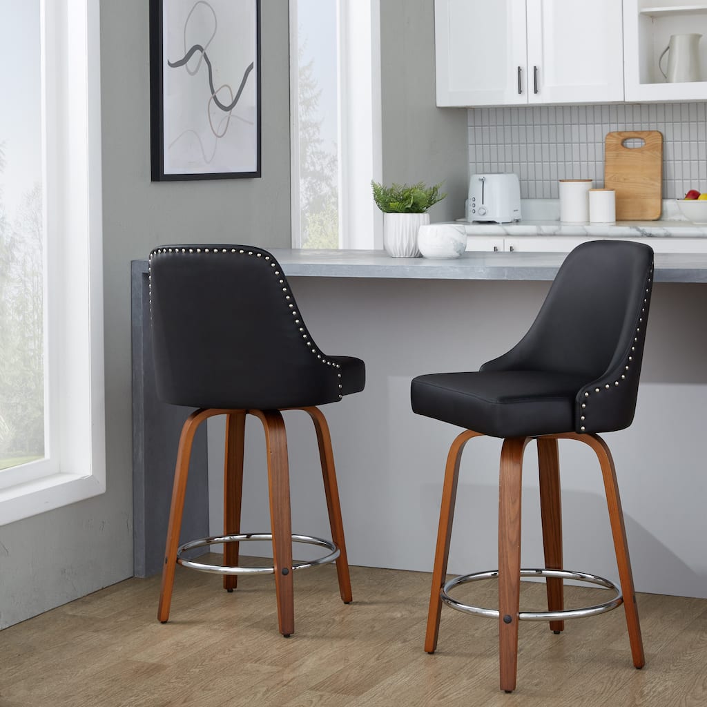 Porch & Den Studded Naldi 26" Fixed-Height Counter Stool with Bent Wood Legs & Round Footrest (Set of 2)