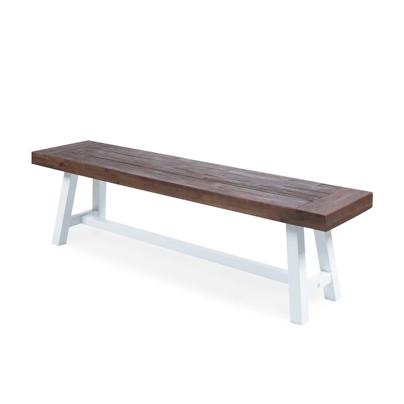Roomfitters Modern Outdoor Benches with Sandblasted Brown Wood Top and Rustic Metal Legs, Stylish for Garden, Set of 2
