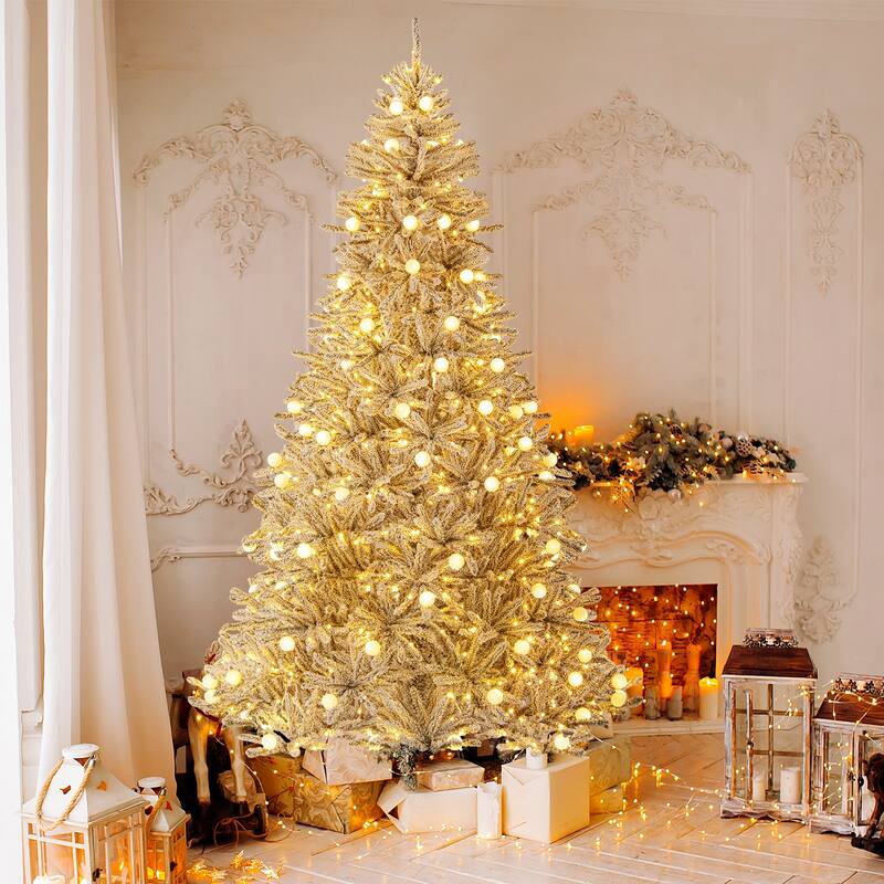 Gymax 6/7/8 FT Snow-flocked Artificial Christmas Tree w/51/65/81 - Green+White