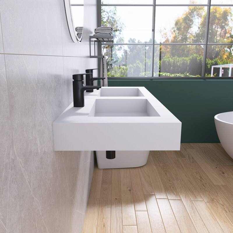 Tubcraft 47/59 in. Stone Solid Surface Wall-Mounted Rectangular Double Vessel Bathroom Sinks