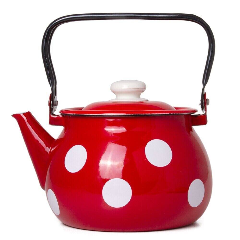 Red Polka Dot Enamel Teapot - Vintage 2.7-qt