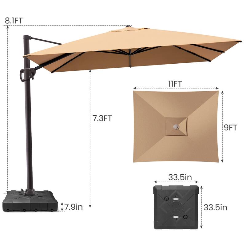 9 x 11 ft Patio Cantilever Offset Umbrella 360-degree Rotation with Base