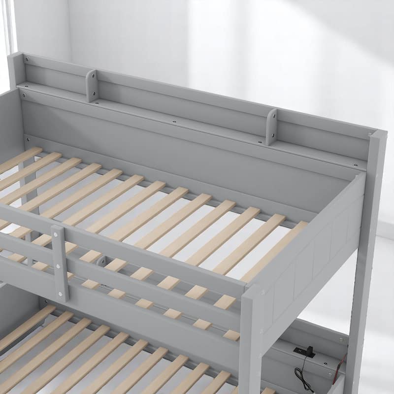 Modern Twin Over Full Bunk Bed with Storage, LED Lighting, USB & Plug Outlets, Drawer, and Guardrails