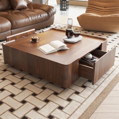 Industrial Walnut Coffee Table with Hidden Drawers - 39.37"x39.37"x12.6"