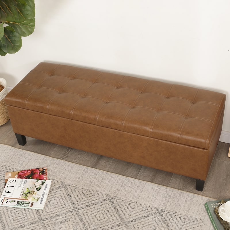 Adeco 50" Bonded Leather Storage Ottoman Bench - Light-Brown