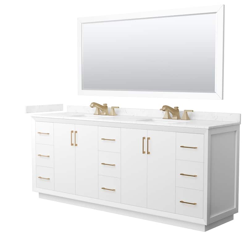Wyndham Collection WCF4141-84D-VCA-US3M70 Strada 84" Free Standing - White / Carrara Cultured Marble Top / Satin Bronze