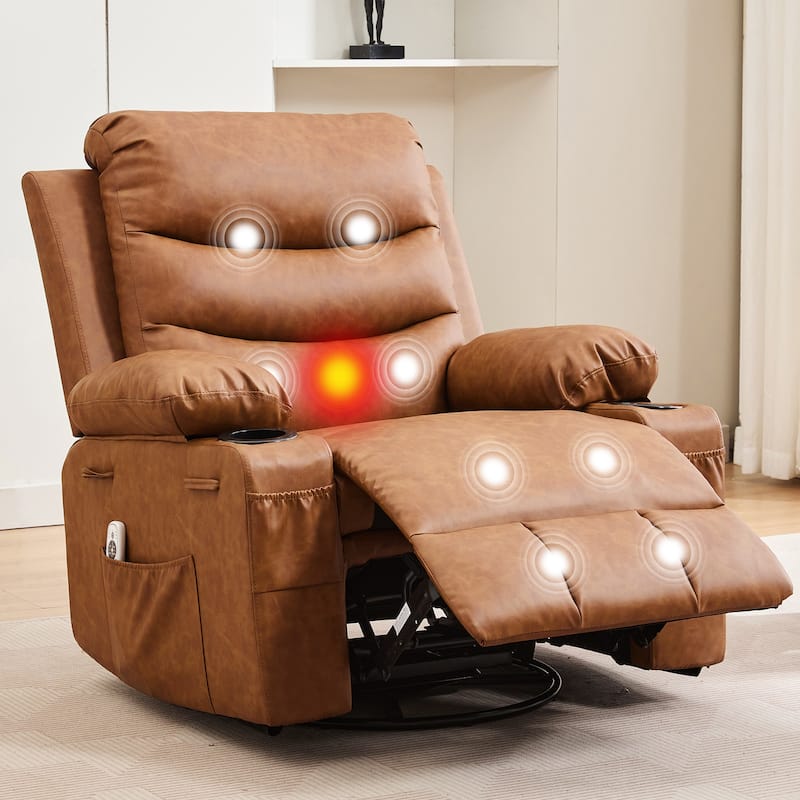 Swivel Rocker Recliner Chair with Massage and Heat, Oversized Reclining Sofa - PU Vintage Brown