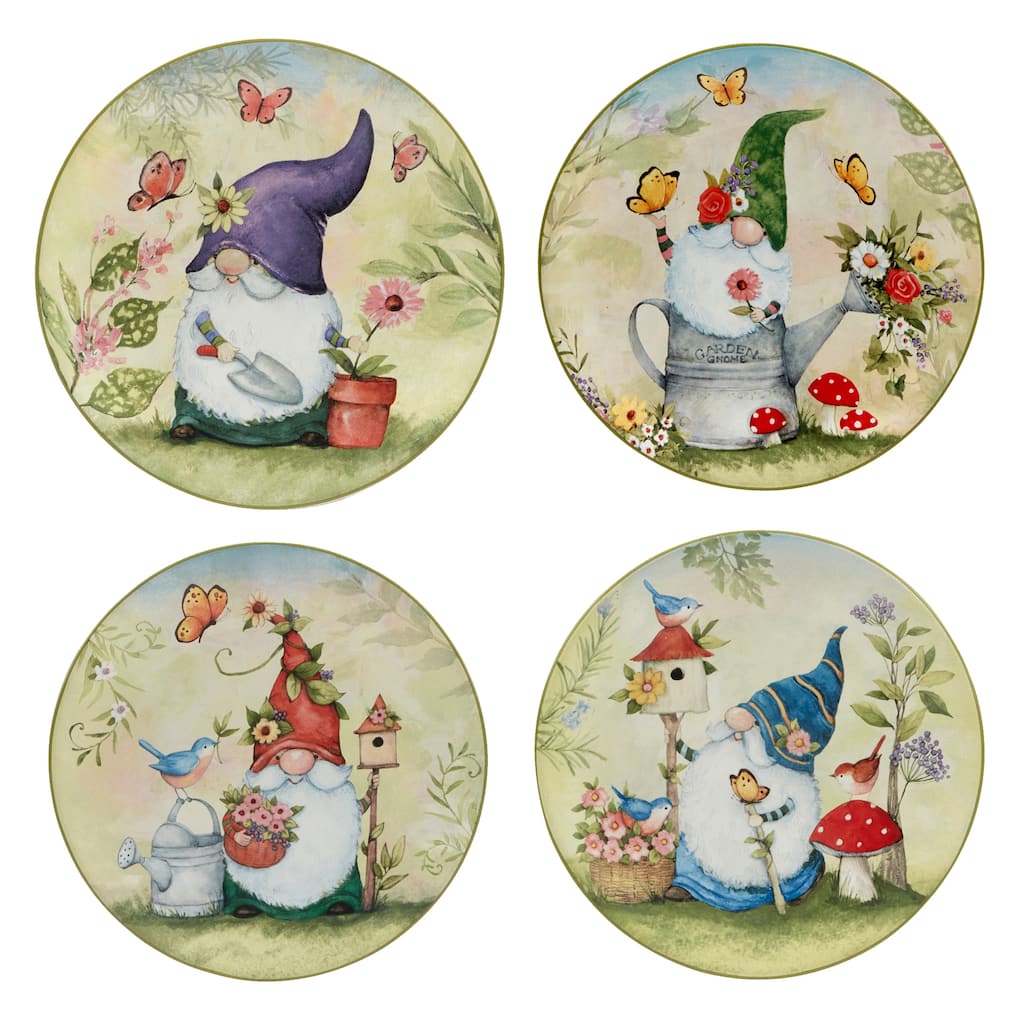 Certified International Garden Gnomes 9" Salad/Dessert Plates, Set of 4 Assorted Designs - 11' x 11'