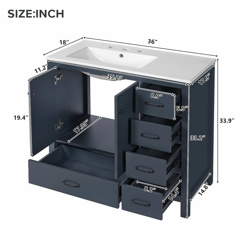 36" White Bathroom Vanity with Ceramic Sink Combo, Ample Storage Cabinet - 2 Soft-Close Doors and 5 Drawers