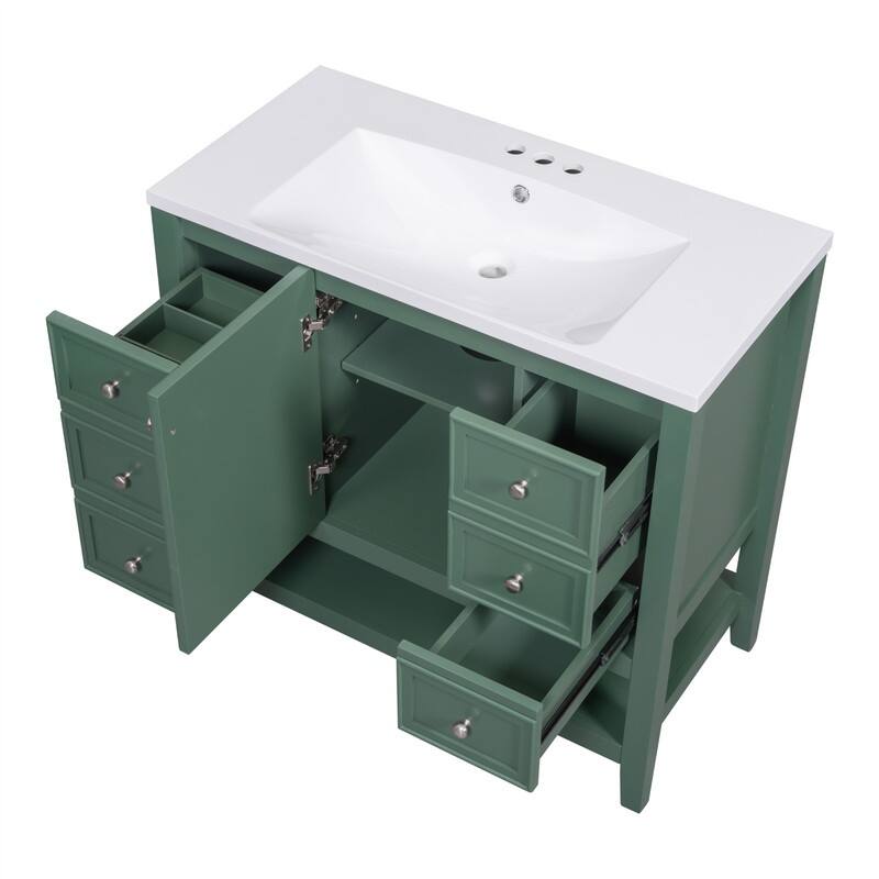 36" Bathroom Vanity with Ceramic Sink，Freestanding Bathroom Vanity Cabinet with 1 Door, 3 Storage Drawers and Adjustable Shelf