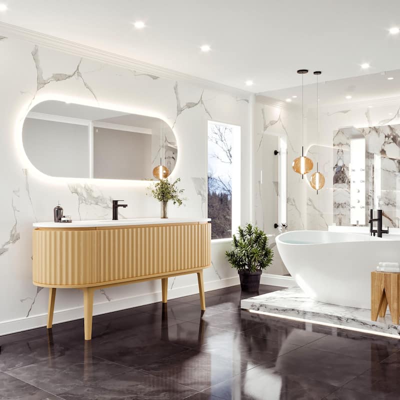 Haven 64"W Oak Freestanding Vanity with Solid Surface Integrated Sink Top