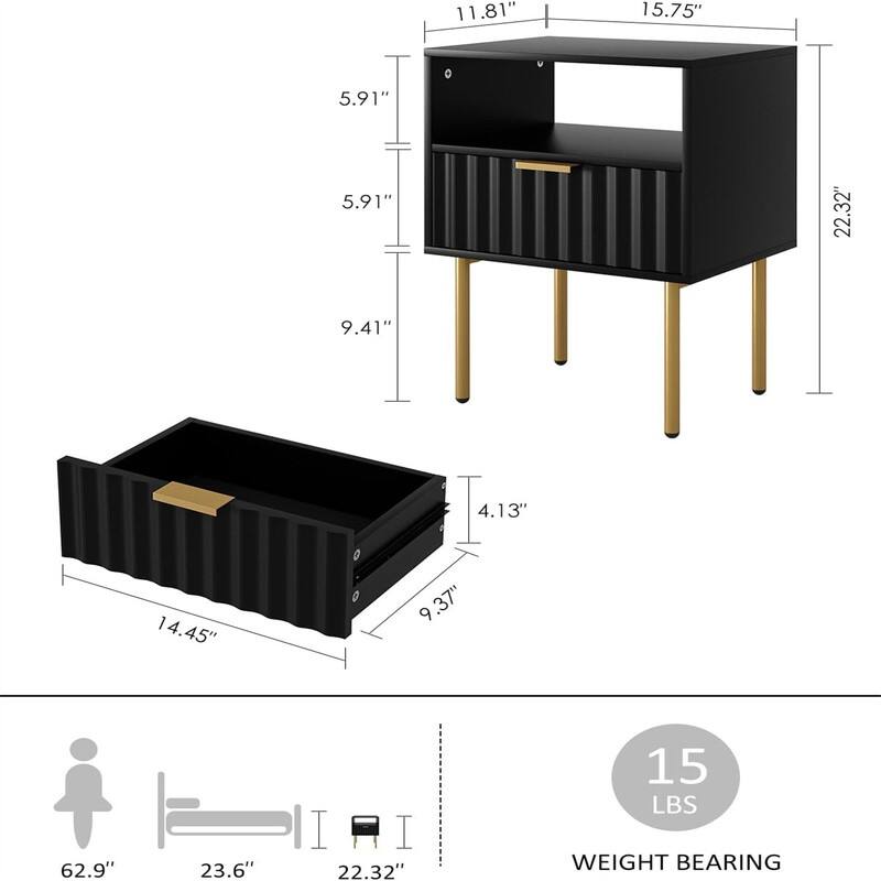Fluted Bedside Table with Gold Frame Black fluted