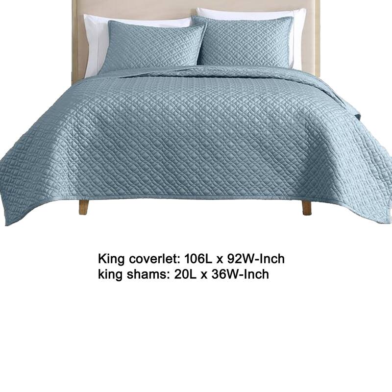 Keo 3pc King Coverlet Set, Reversible, Shams Sky Blue Silky Fabric